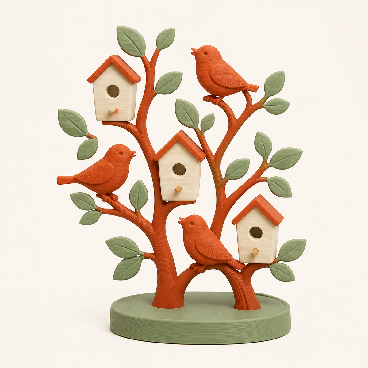 bird garden mini-sculpture spring choir from 3D-printed PETG in terracotta, sage green, warm white