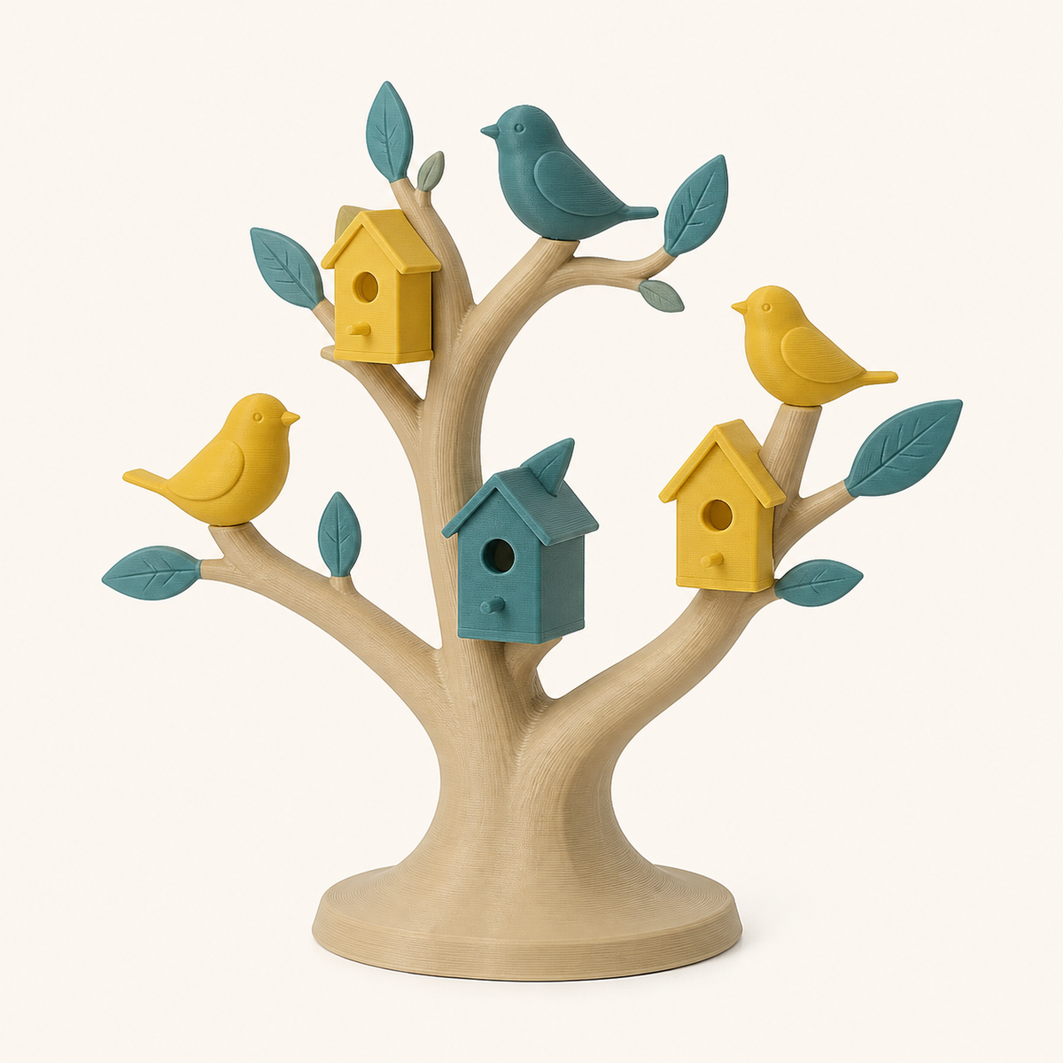 bird garden-ring holder 3D printed PETG in sun yellow, teal, sand beige