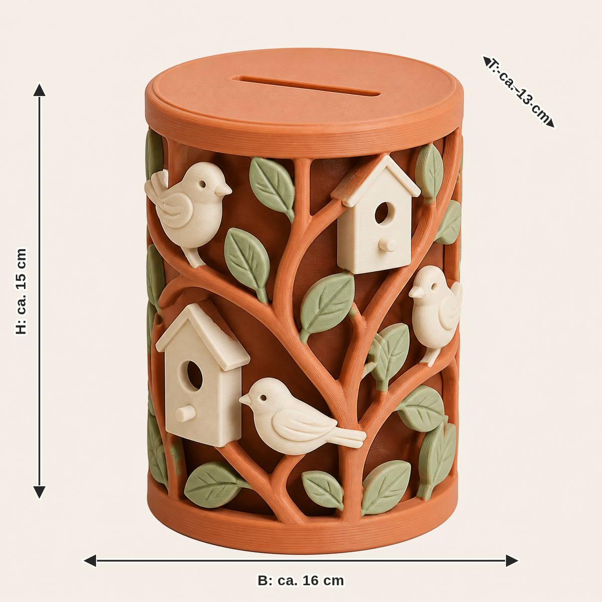 Dimensional picture for bird garden-money box Garden window: width approx. 16 cm, depth approx. 13 cm, height approx. 15 cm