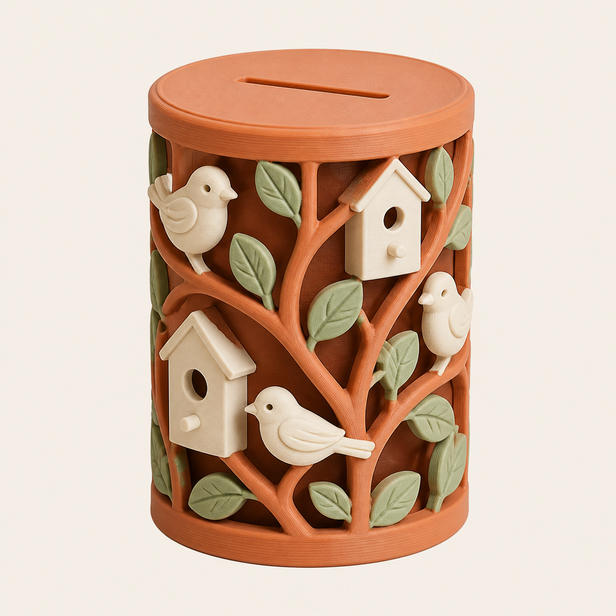 bird garden-money box garden window in 3D printed PETG in terracotta, sage green, warm white