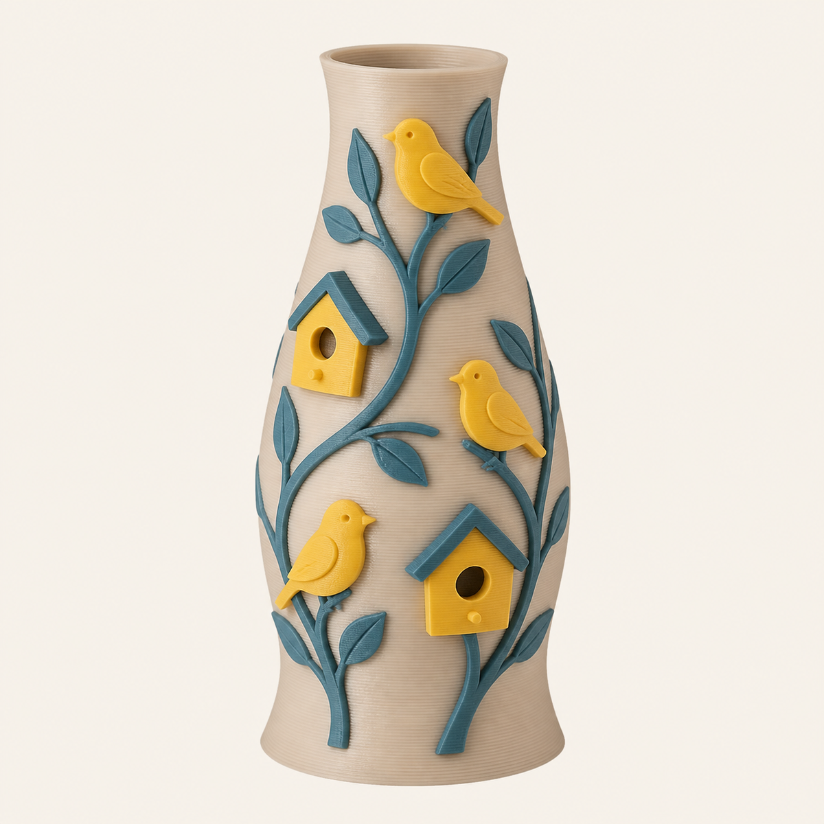 bird garden-dried flowers-Vase Singvogelstiel from 3D-printed PETG in Sun yellow, teal, sand beige