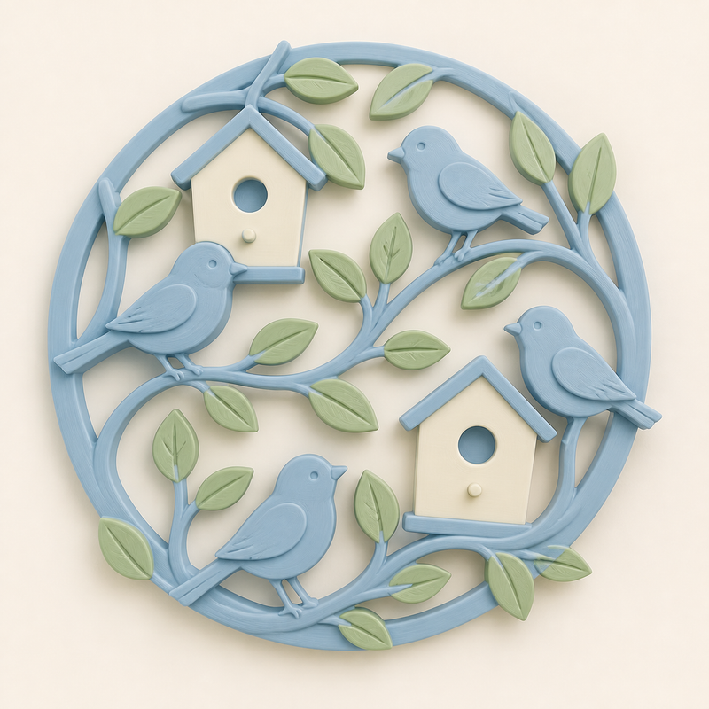 bird garden-wall relief Bird wreath made of 3D-printed PETG in sky blue, leaf green, cream