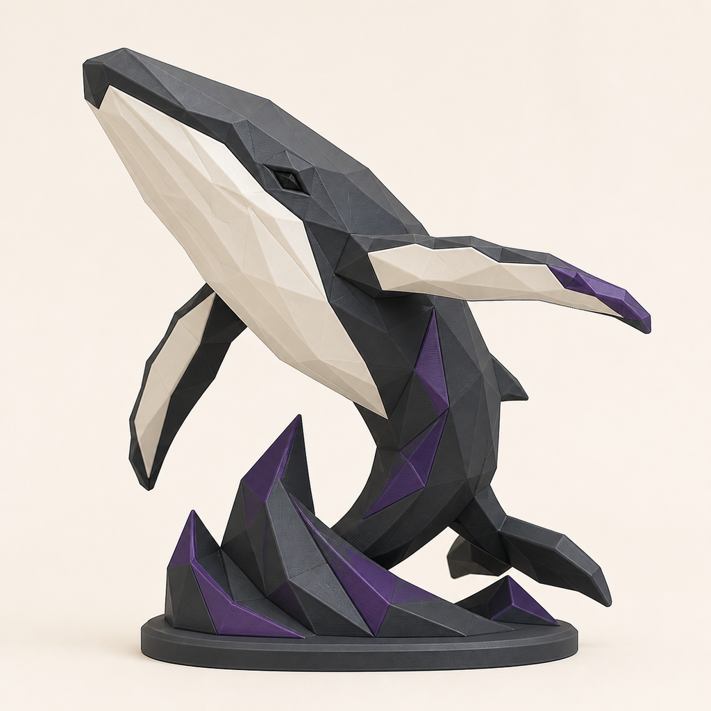 Wal-Low-Poly-Skulptur Facettenfigur aus 3D-gedrucktem PETG in Anthrazit, Knochenweiß, Dunkelviolett