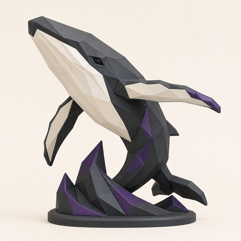 Wal-Low-Poly-Skulptur Facettenfigur aus 3D-gedrucktem PETG in Anthrazit, Knochenweiß, Dunkelviolett