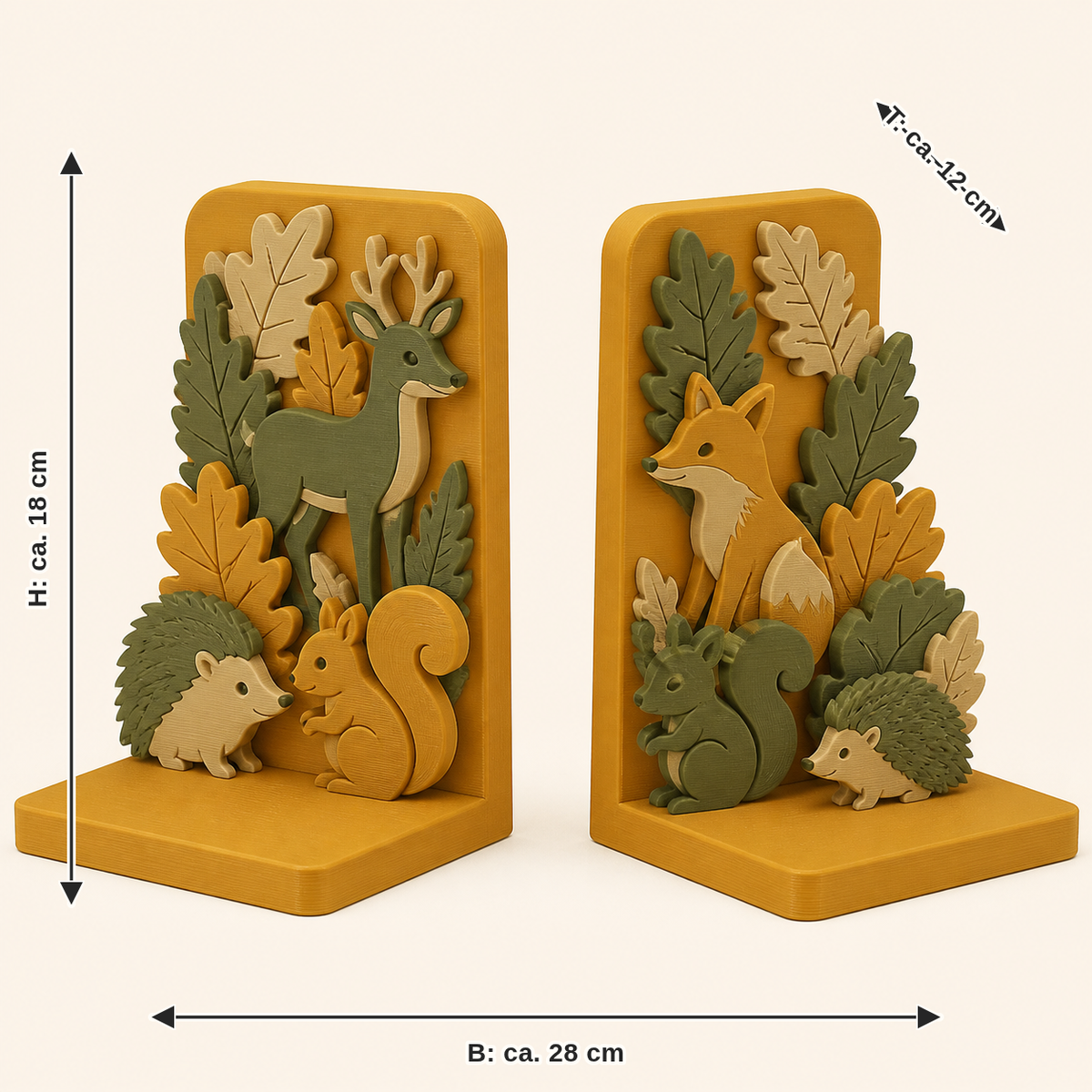 Maßbild für Waldtier-Buchstützen-Paar Doppelwald: Breite ca. 28 cm, Tiefe ca. 12 cm, Höhe ca. 18 cm