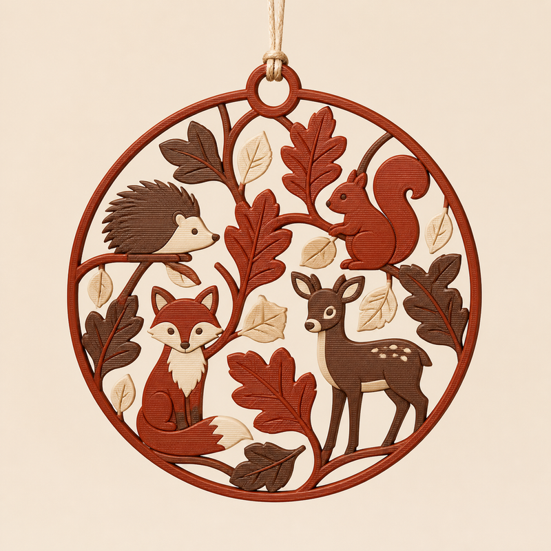 Forest animal window ornament hedgehog view from 3D printed PETG in rust red, chestnut brown, cream