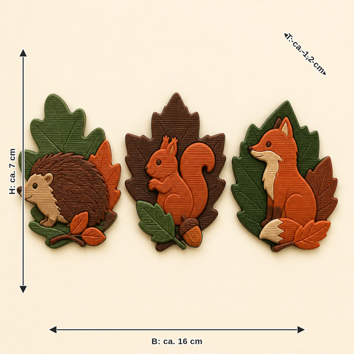 Maßbild für Waldtier-Magnet-Set Tierfreunde-Trio: Breite ca. 16 cm, Tiefe ca. 1.2 cm, Höhe ca. 7 cm