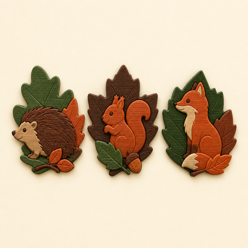 Waldtier-Magnet-Set Tierfreunde-Trio aus 3D-gedrucktem PETG in Terrakotta, Dunkelbraun, Waldgrün