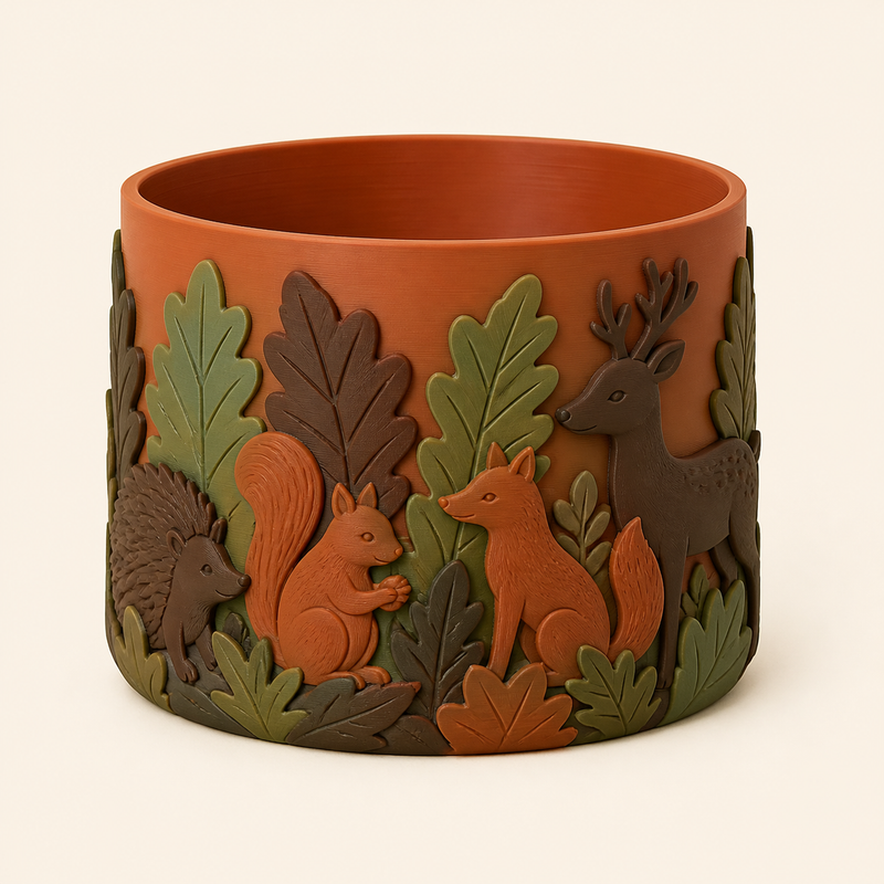 3D-printed PETG forest rim in terracotta, dark brown, Forest green