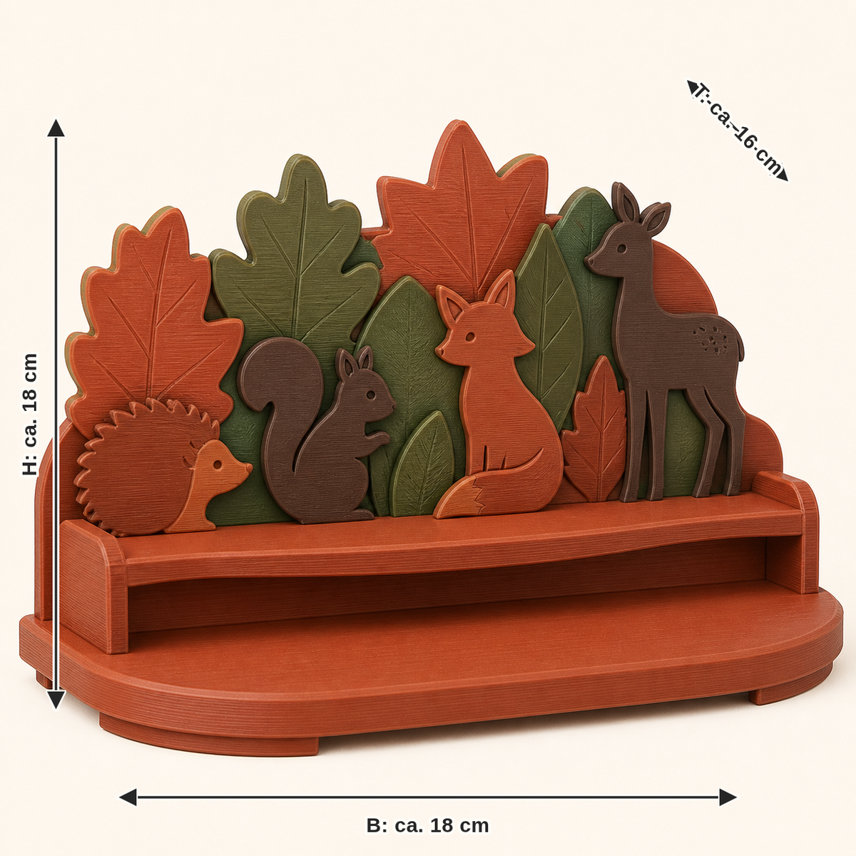 Maßbild für Waldtier-Präsentationsständer Tierbühne: Breite ca. 18 cm, Tiefe ca. 16 cm, Höhe ca. 18 cm