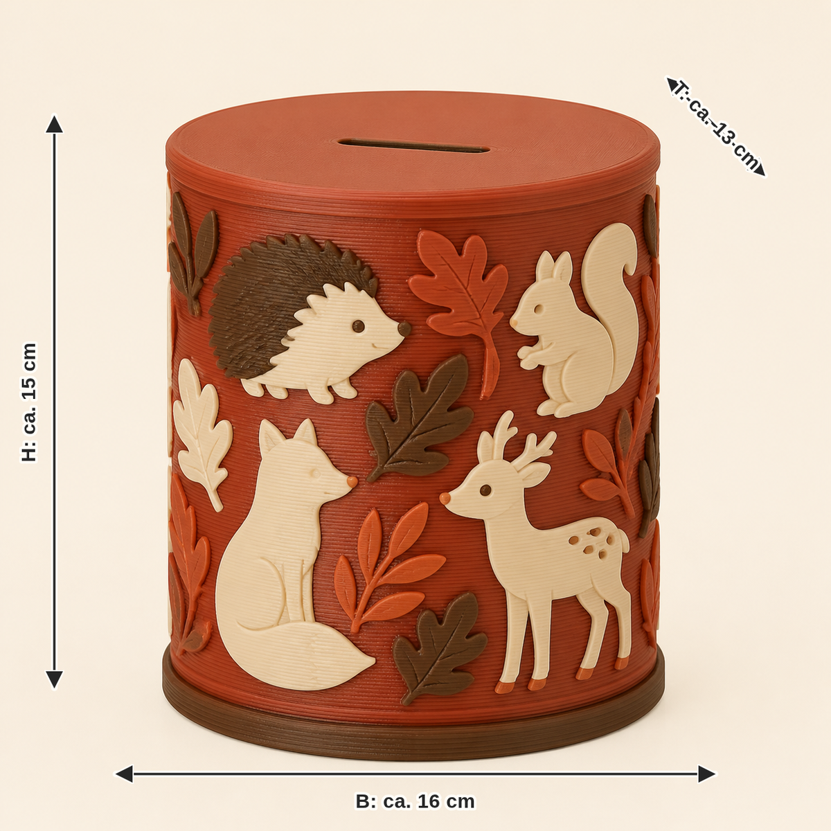 Maßbild für Waldtier-Sparbüchse Igelmotiv: Breite ca. 16 cm, Tiefe ca. 13 cm, Höhe ca. 15 cm