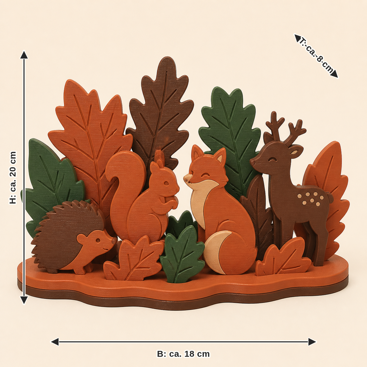 Maßbild für Waldtier-Tischaufsteller Waldquartett: Breite ca. 18 cm, Tiefe ca. 8 cm, Höhe ca. 20 cm