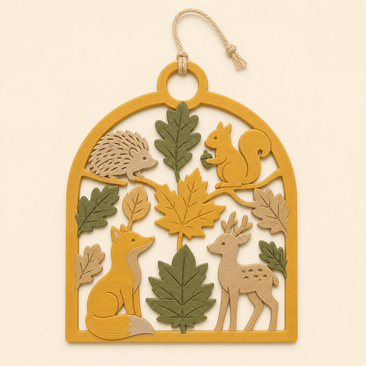 Waldtier-Türhänger Fuchsbogen aus 3D-gedrucktem PETG in Ockergelb, Olivgrün, Sandbeige