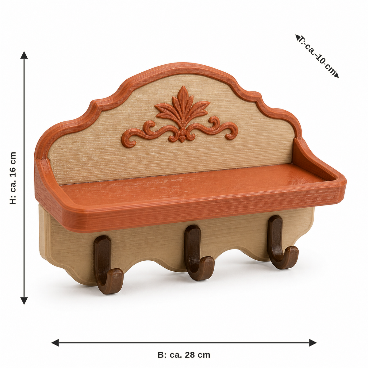 Measurement for wall shelf with three hooks and maple leaf: width approx. 28 cm, depth approx. 10 cm, height approx. 16 cm