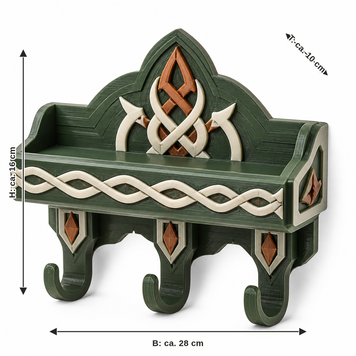 Measurement for wall shelf with three hooks and flame nodes: width approx. 28 cm, depth approx. 10 cm, height approx. 16 cm