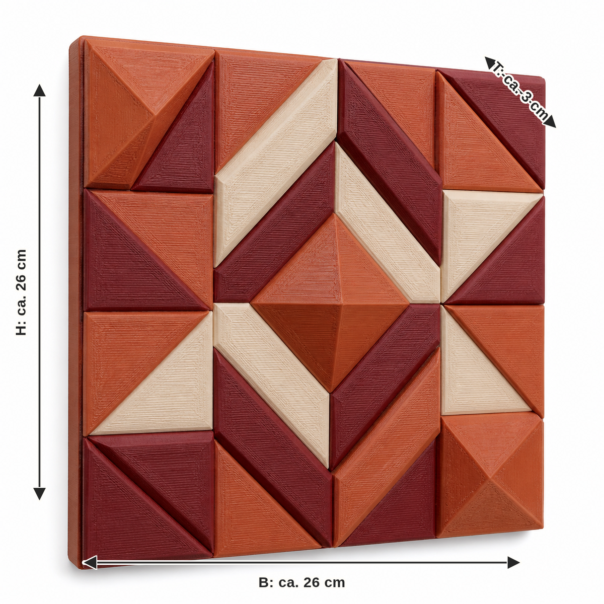 Dimensional image for wall mosaic Harvest path: width approx. 26 cm, depth approx. 3 cm, height approx. 26 cm
