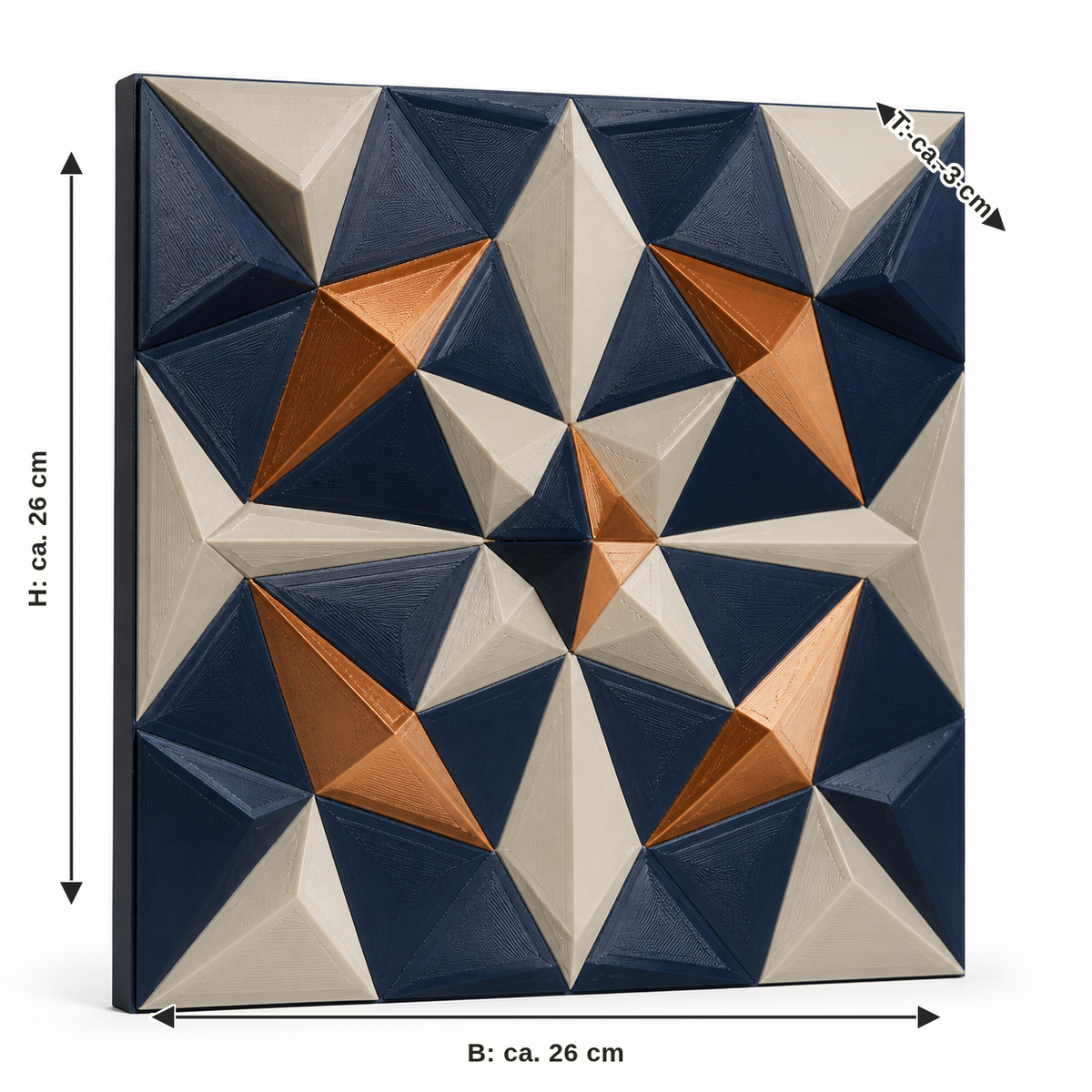 Maßbild für Wandmosaik Nachtprisma: Breite ca. 26 cm, Tiefe ca. 3 cm, Höhe ca. 26 cm