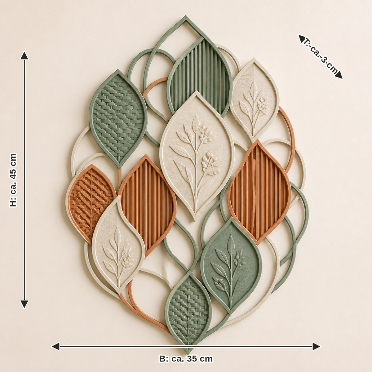 Maßbild für Wandornament Blattgeometrie – Landhaus: Breite ca. 35 cm, Tiefe ca. 3 cm, Höhe ca. 45 cm