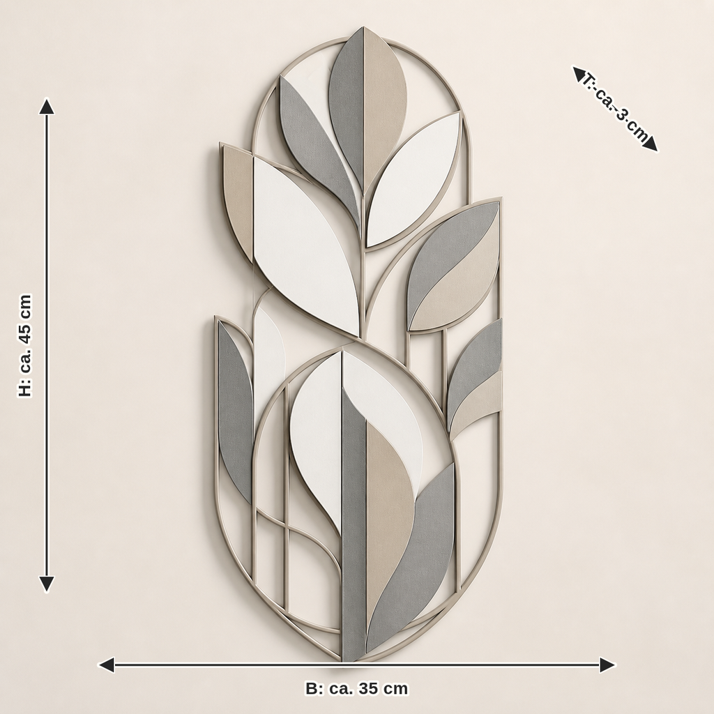 Maßbild für Wandornament Blattgeometrie – Minimalistisch: Breite ca. 35 cm, Tiefe ca. 3 cm, Höhe ca. 45 cm