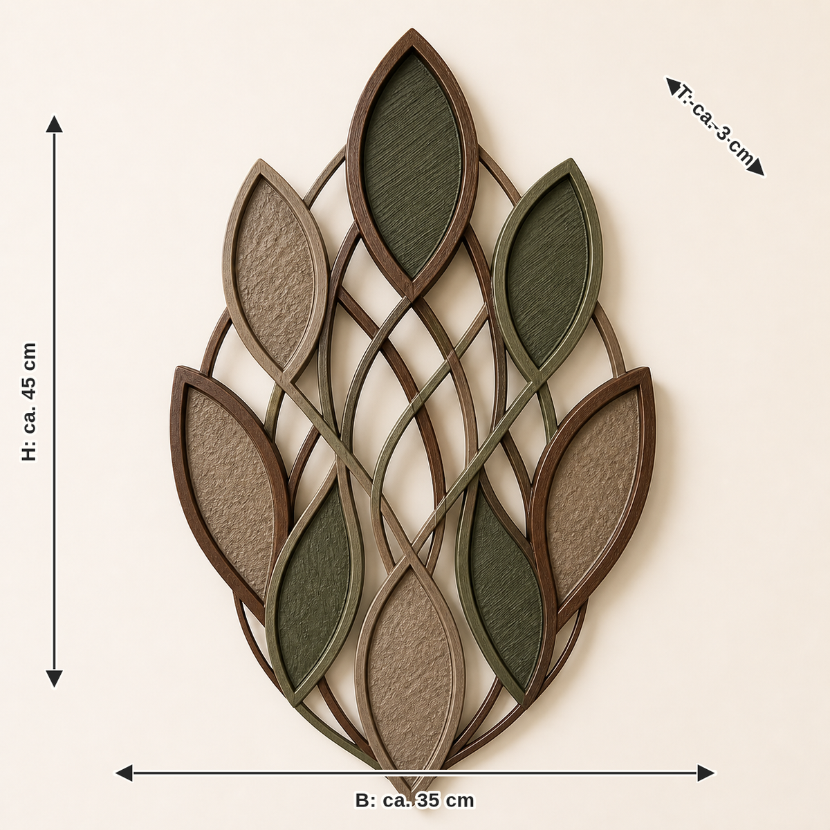 Dimensional image for wall ornament sheet geometry – rustic: width approx. 35 cm, depth approx. 3 cm, height approx. 45 cm