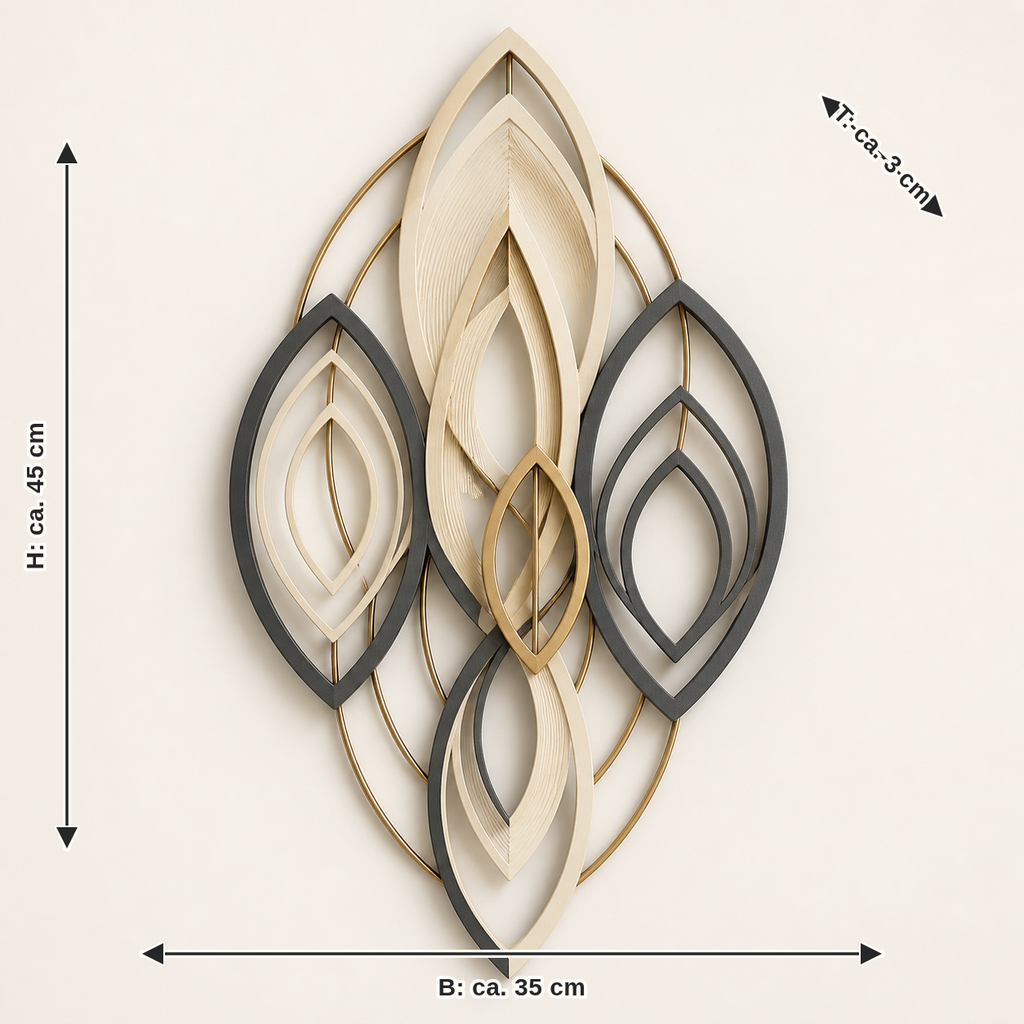 Maßbild für Wandornament Blattgeometrie – Zeitlos: Breite ca. 35 cm, Tiefe ca. 3 cm, Höhe ca. 45 cm