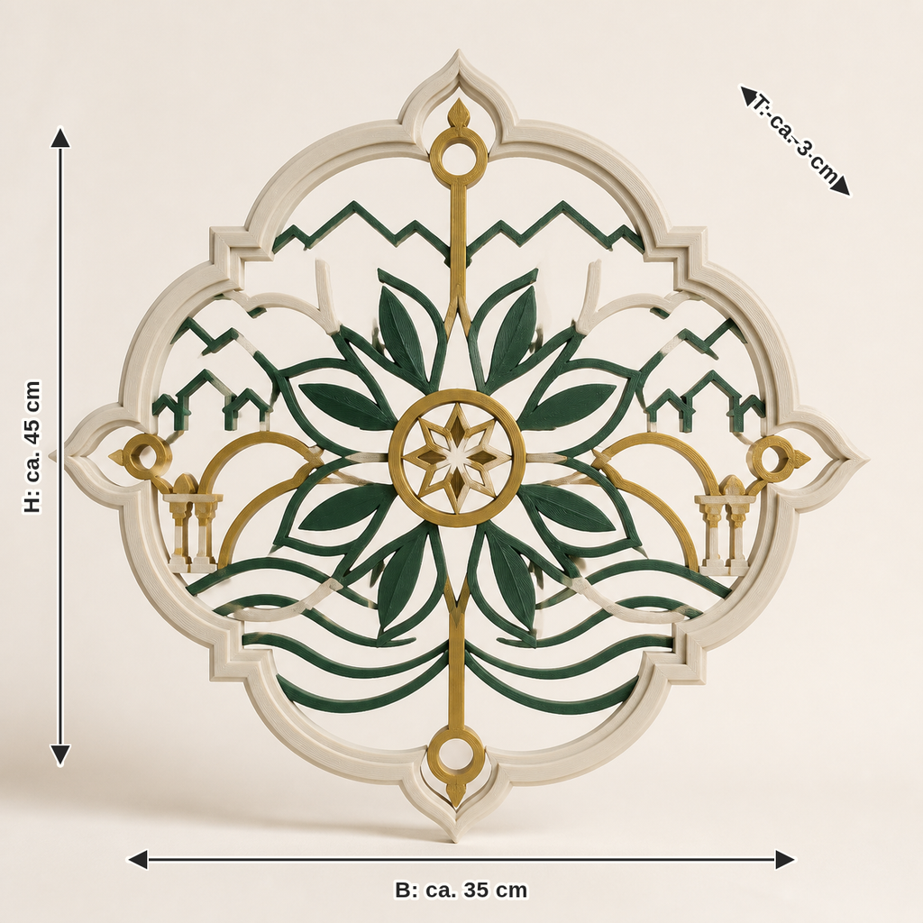 Maßbild für Wandornament Mirabellblätter – Salzburg: Breite ca. 35 cm, Tiefe ca. 3 cm, Höhe ca. 45 cm