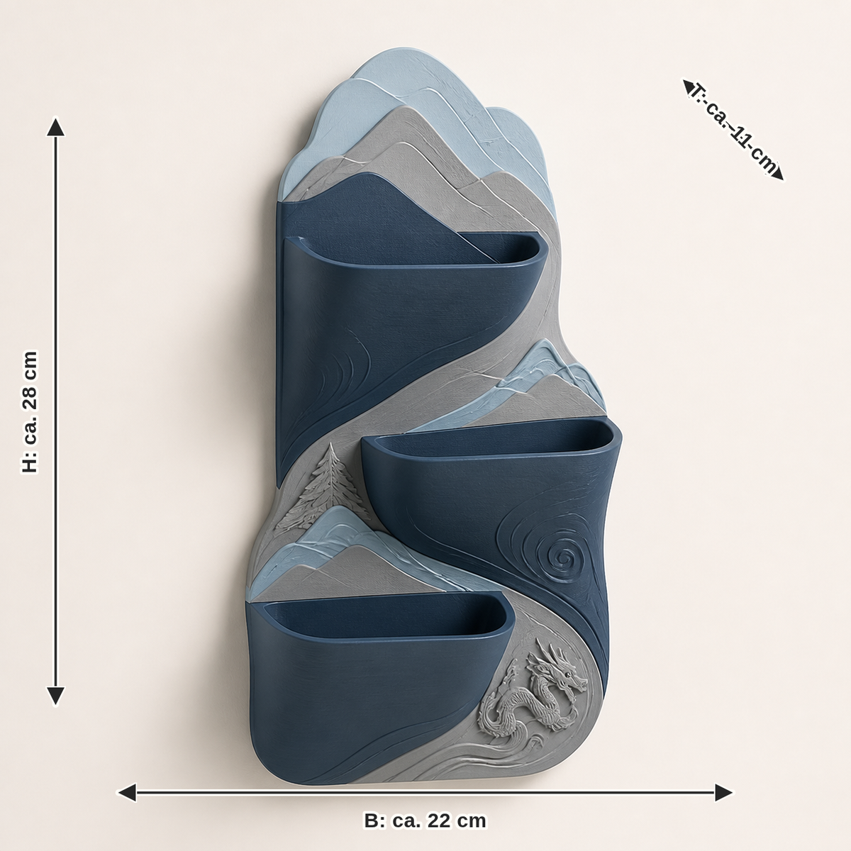 Dimensional picture for wall planter grove – Nordic & Mythical: width about 22 cm, depth about 11 cm, height about 28 cm