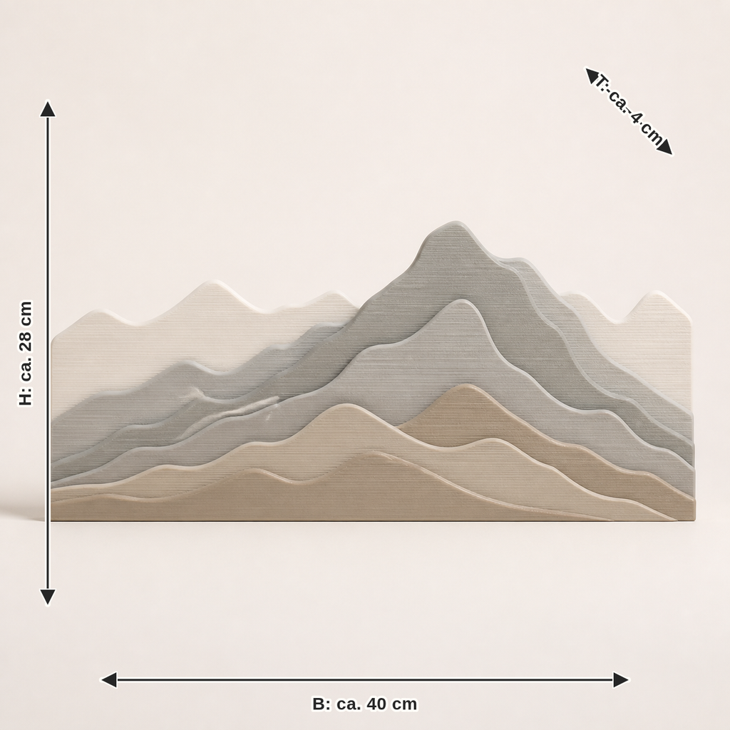Maßbild für Wandrelief Höhenlinien – Minimalistisch: Breite ca. 40 cm, Tiefe ca. 4 cm, Höhe ca. 28 cm