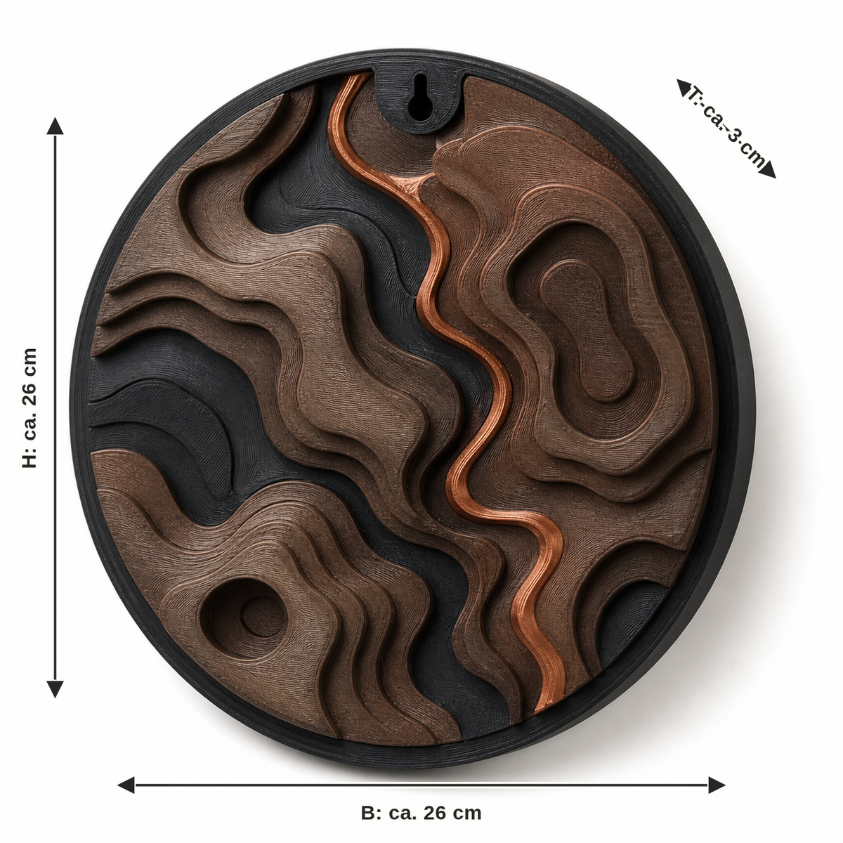 Dimensional image for wall relief copper flow: width approx. 26 cm, depth approx. 3 cm, height approx. 26 cm