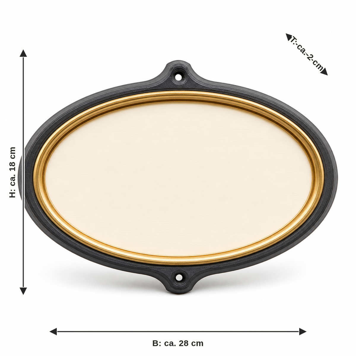 Dimensional image for wall sign Goldoval: width about 28 cm, depth about 2 cm, height about 18 cm