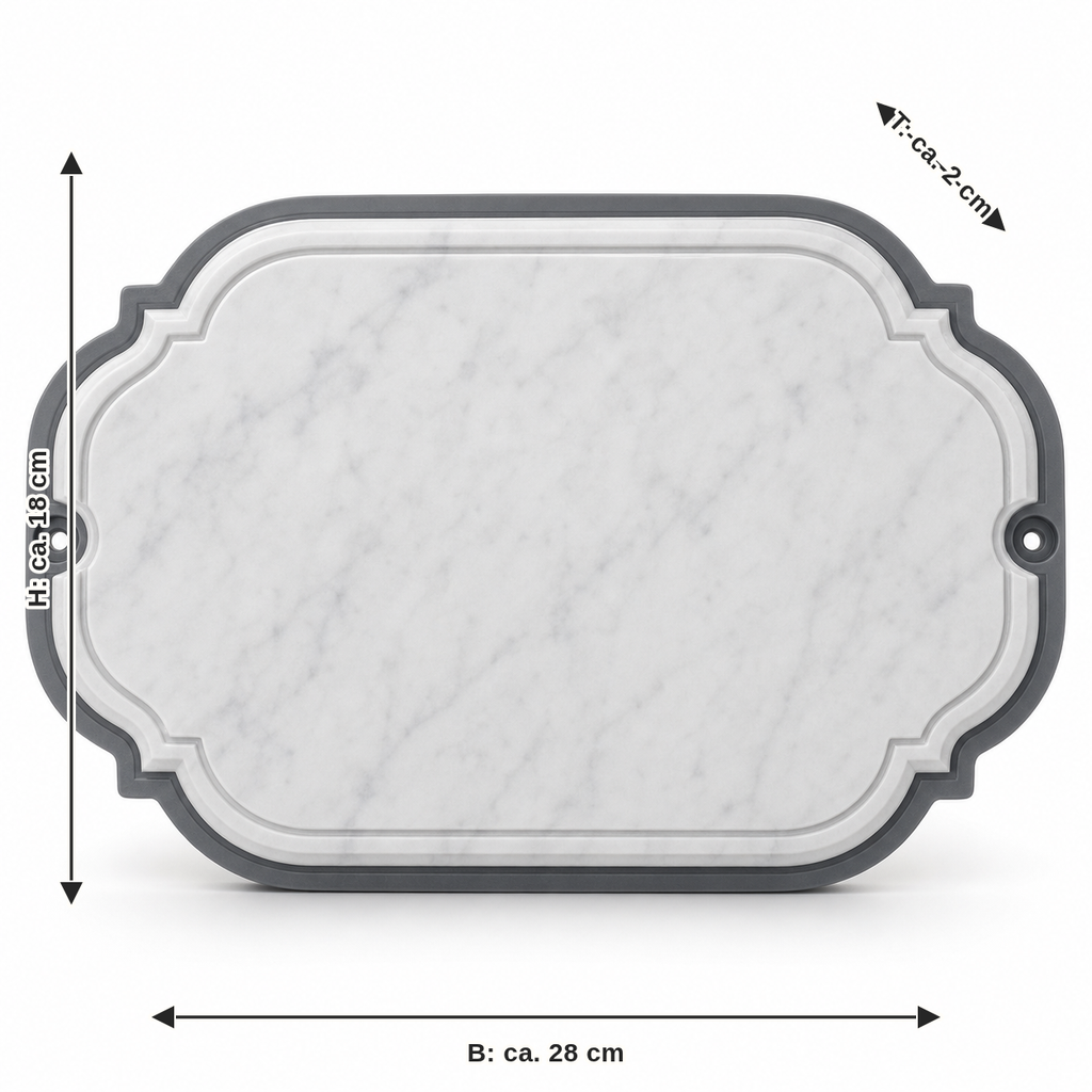 Dimensional image for wall sign marble optics frame: width approx. 28 cm, depth approx. 2 cm, height approx. 18 cm