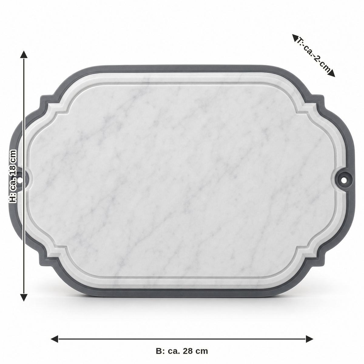 Dimensional image for wall sign marble optics frame: width approx. 28 cm, depth approx. 2 cm, height approx. 18 cm