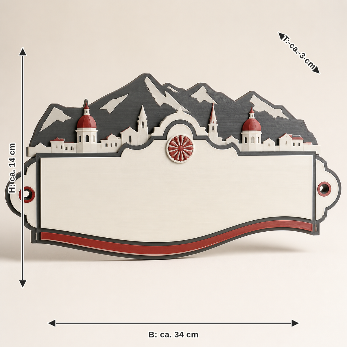 Measurement for wall sign Salzach wave – Salzburg: width approx. 34 cm, depth approx. 3 cm, height approx. 14 cm