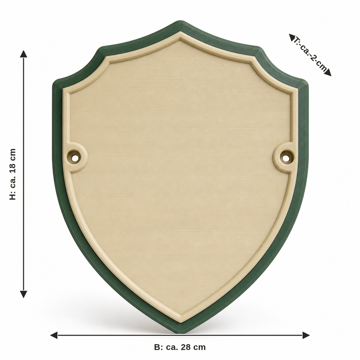 Dimensional image for wall sign emerald coat of arms: width approx. 28 cm, depth approx. 2 cm, height approx. 18 cm