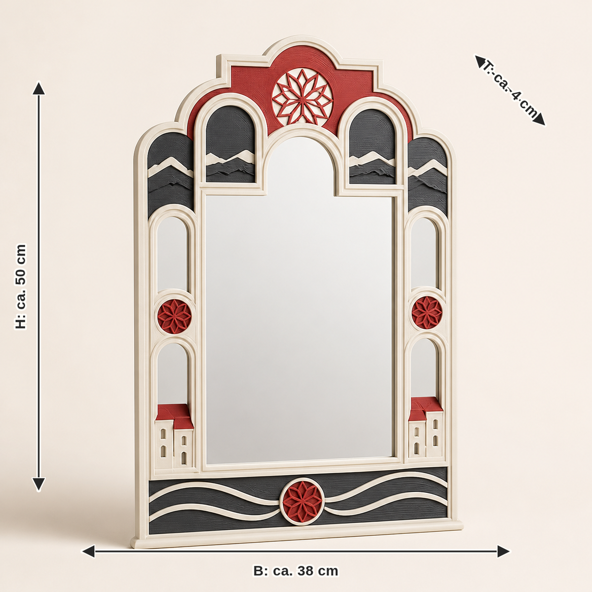 Dimensional image for wall mirror Old Town window – Salzburg: width approx. 38 cm, depth approx. 4 cm, height approx. 50 cm