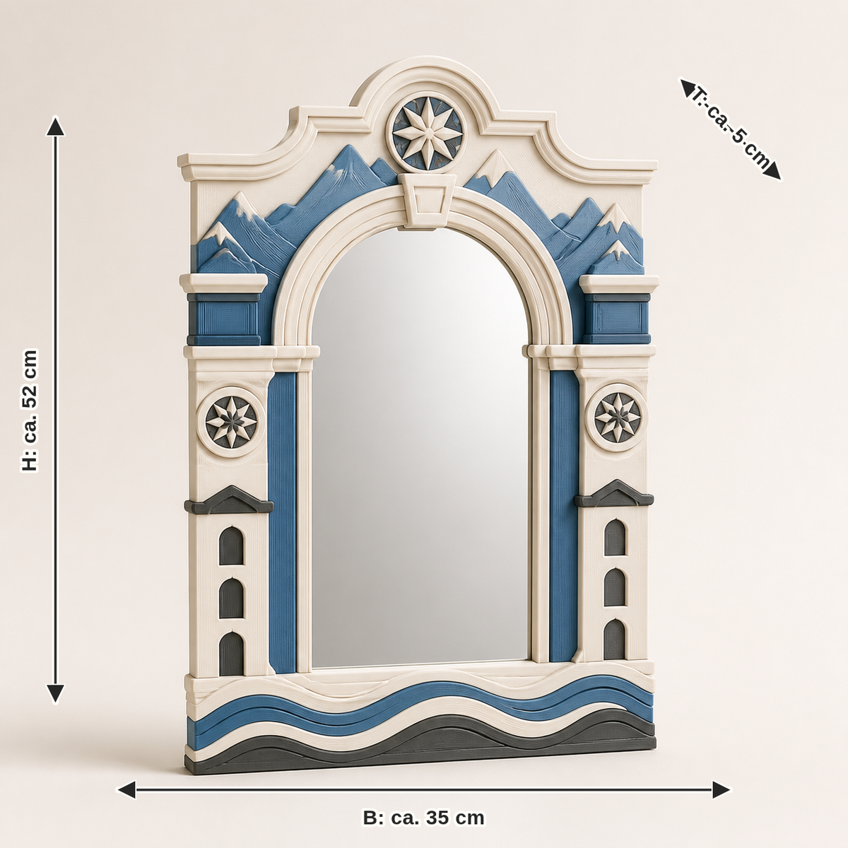 Dimensional image for wall mirror Baroque portal – Salzburg: width about 35 cm, depth about 5 cm, height about 52 cm