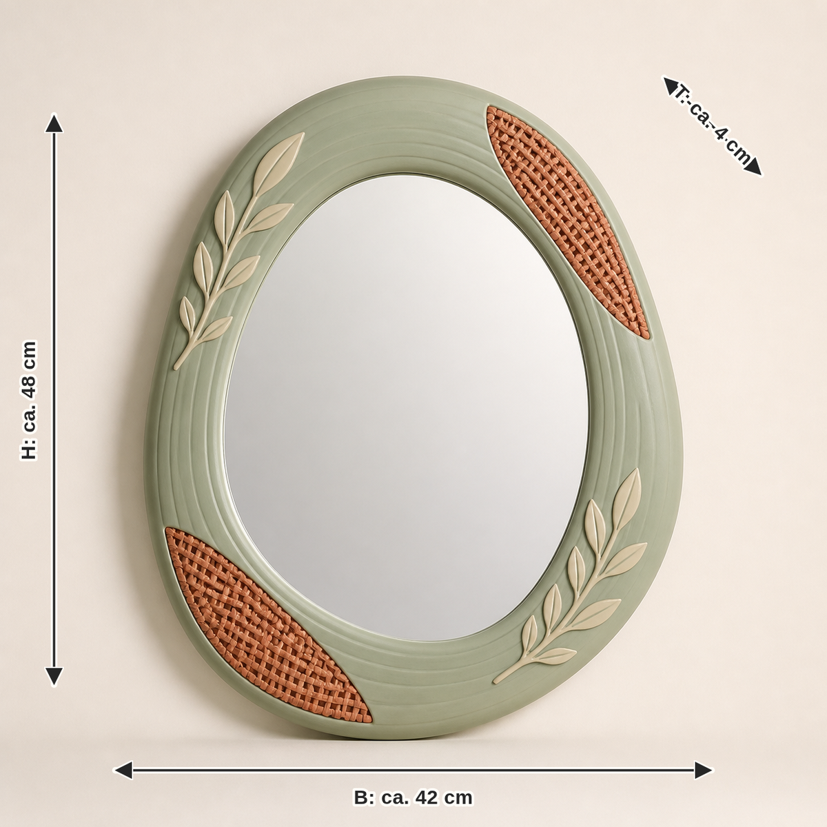 Dimensional image for wall mirror pebble frame – Country: width approx. 42 cm, depth approx. 4 cm, height approx. 48 cm