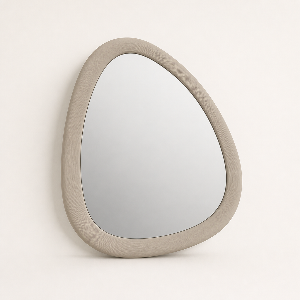 wall mirror pebble frame – minimalist made of PETG on bright studio background