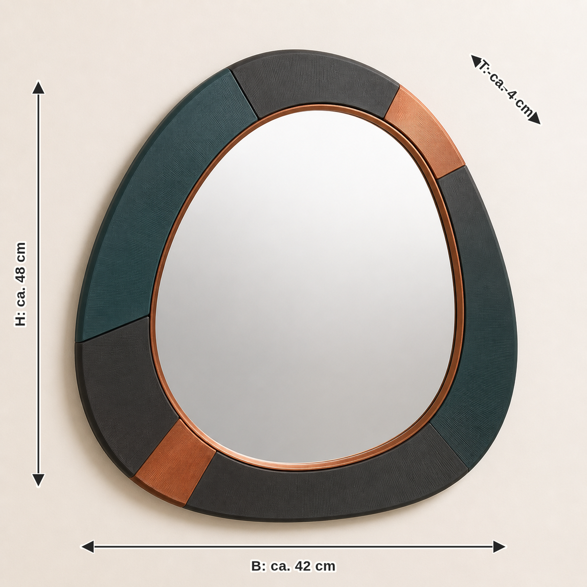 Dimensional image for wall mirror pebble frame – Modern: width approx. 42 cm, depth approx. 4 cm, height approx. 48 cm