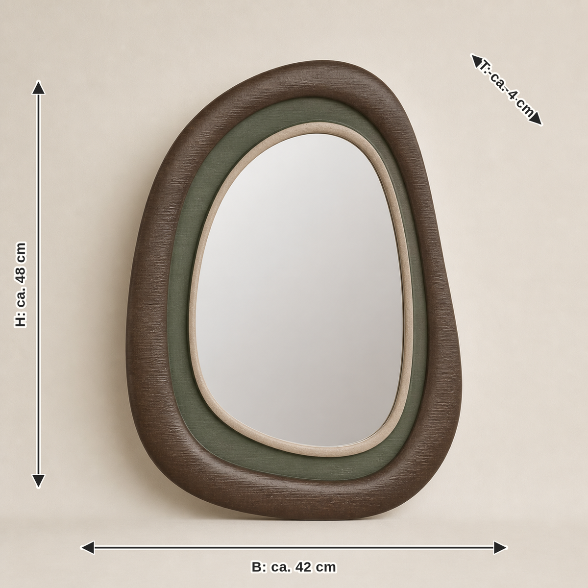 Dimensional image for wall mirror pebble frame – Rustic: width approx. 42 cm, depth approx. 4 cm, height approx. 48 cm