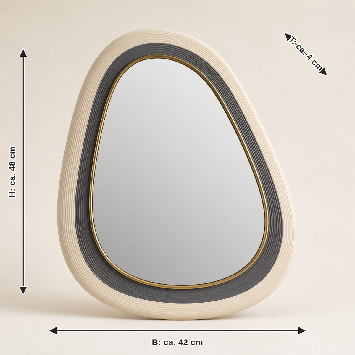 Dimensional image for wall mirror pebble frame – Timeless: width approx. 42 cm, depth approx. 4 cm, height approx. 48 cm