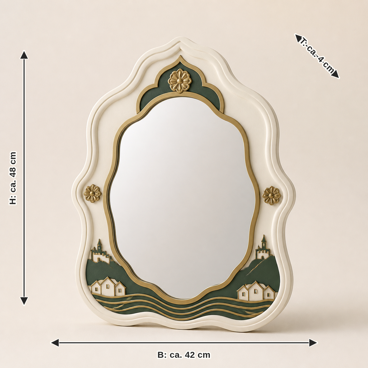 Dimensional image for wall mirror Salzachkiesel – Salzburg: width about 42 cm, depth about 4 cm, height about 48 cm
