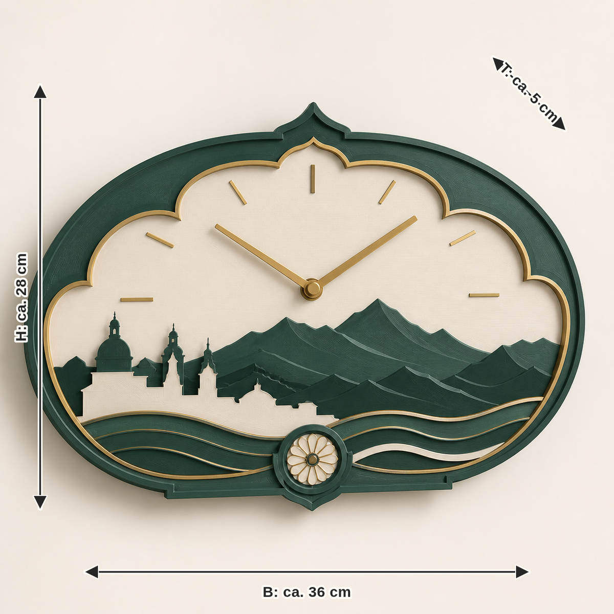 Dimensional image for wall clock Alpenkamm – Salzburg: width about 36 cm, depth about 5 cm, height about 28 cm