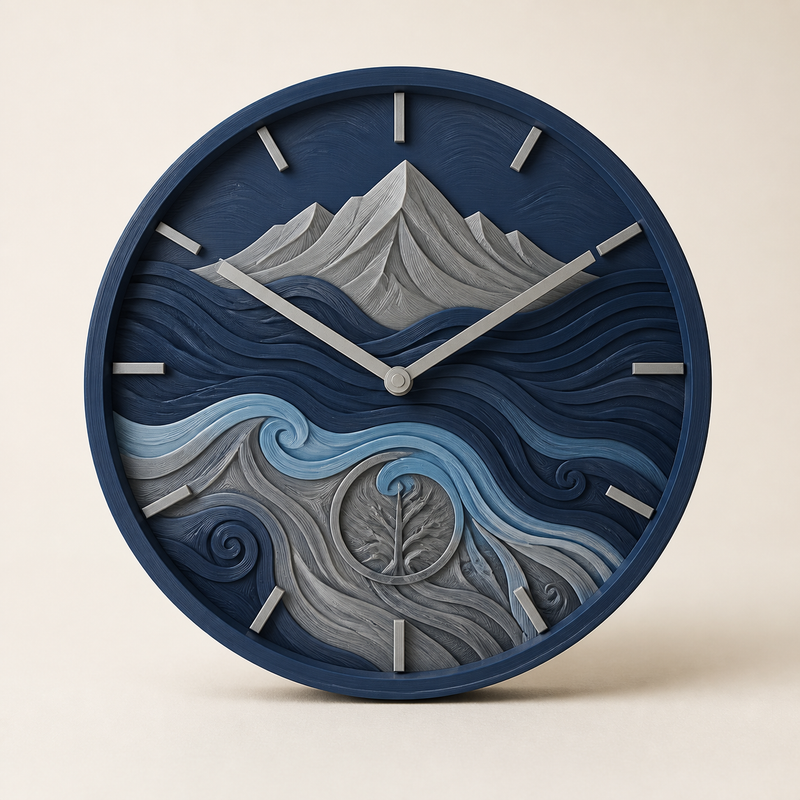 Wanduhr Wellenkreis – Nordisch & Mythisch aus PETG auf hellem Studiohintergrund