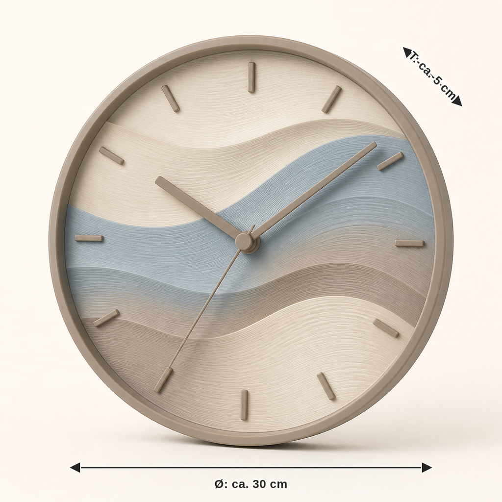 Maßbild für Wanduhr Wellenkreis – Still: Durchmesser ca. 30 cm, Tiefe ca. 5 cm