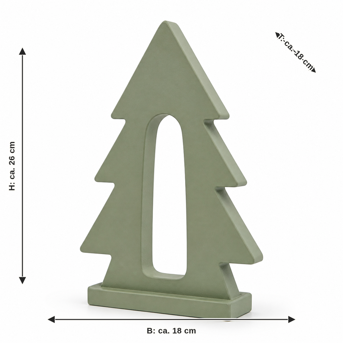 Maßbild für Weihnachtsbaum mit Bogenöffnung in Salbeigrün: Breite ca. 18 cm, Tiefe ca. 18 cm, Höhe ca. 26 cm
