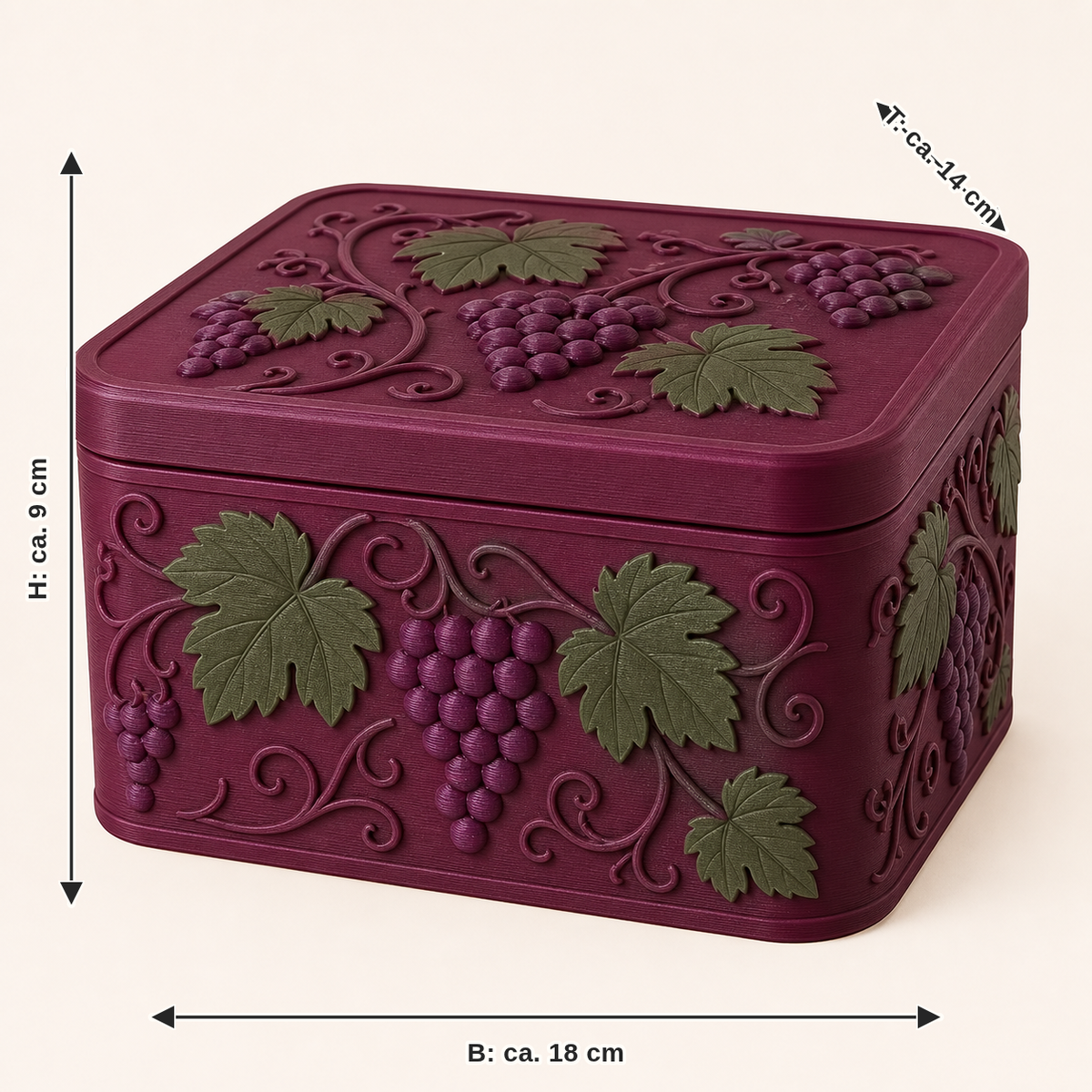 Maßbild für Weinlaub-Aufbewahrungsbox Weinlaubbox: Breite ca. 18 cm, Tiefe ca. 14 cm, Höhe ca. 9 cm