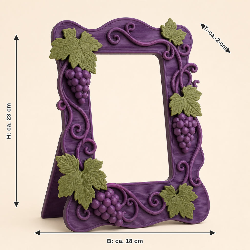 Maßbild für Weinlaub-Bilderrahmen Rebenportal: Breite ca. 18 cm, Tiefe ca. 2 cm, Höhe ca. 23 cm