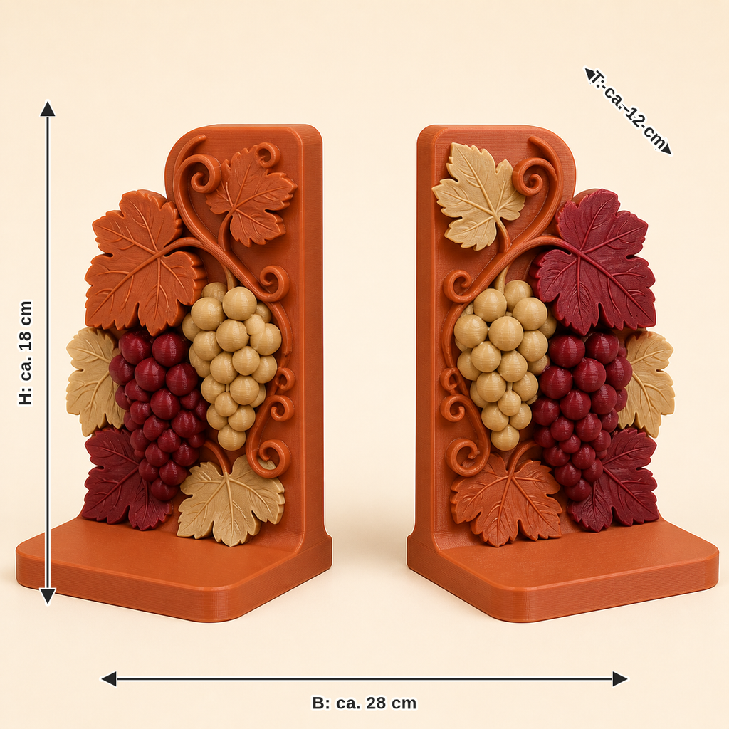 Maßbild für Weinlaub-Buchstützen-Paar Doppeltraube: Breite ca. 28 cm, Tiefe ca. 12 cm, Höhe ca. 18 cm