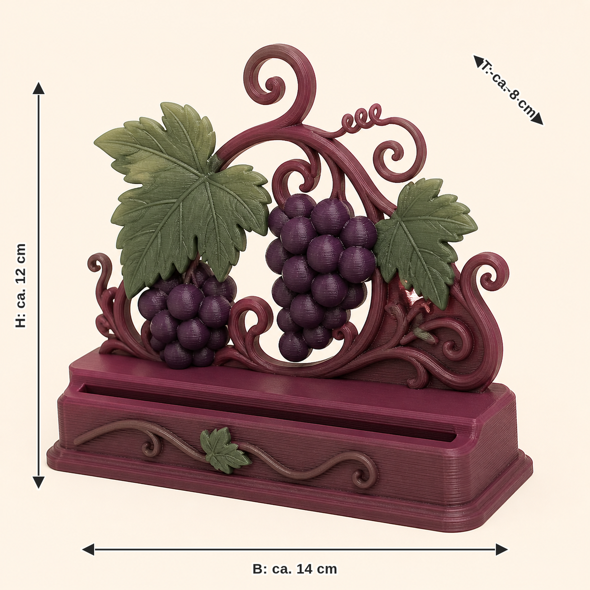 Maßbild für Weinlaub-Fotohalter Weinpunkt: Breite ca. 14 cm, Tiefe ca. 8 cm, Höhe ca. 12 cm